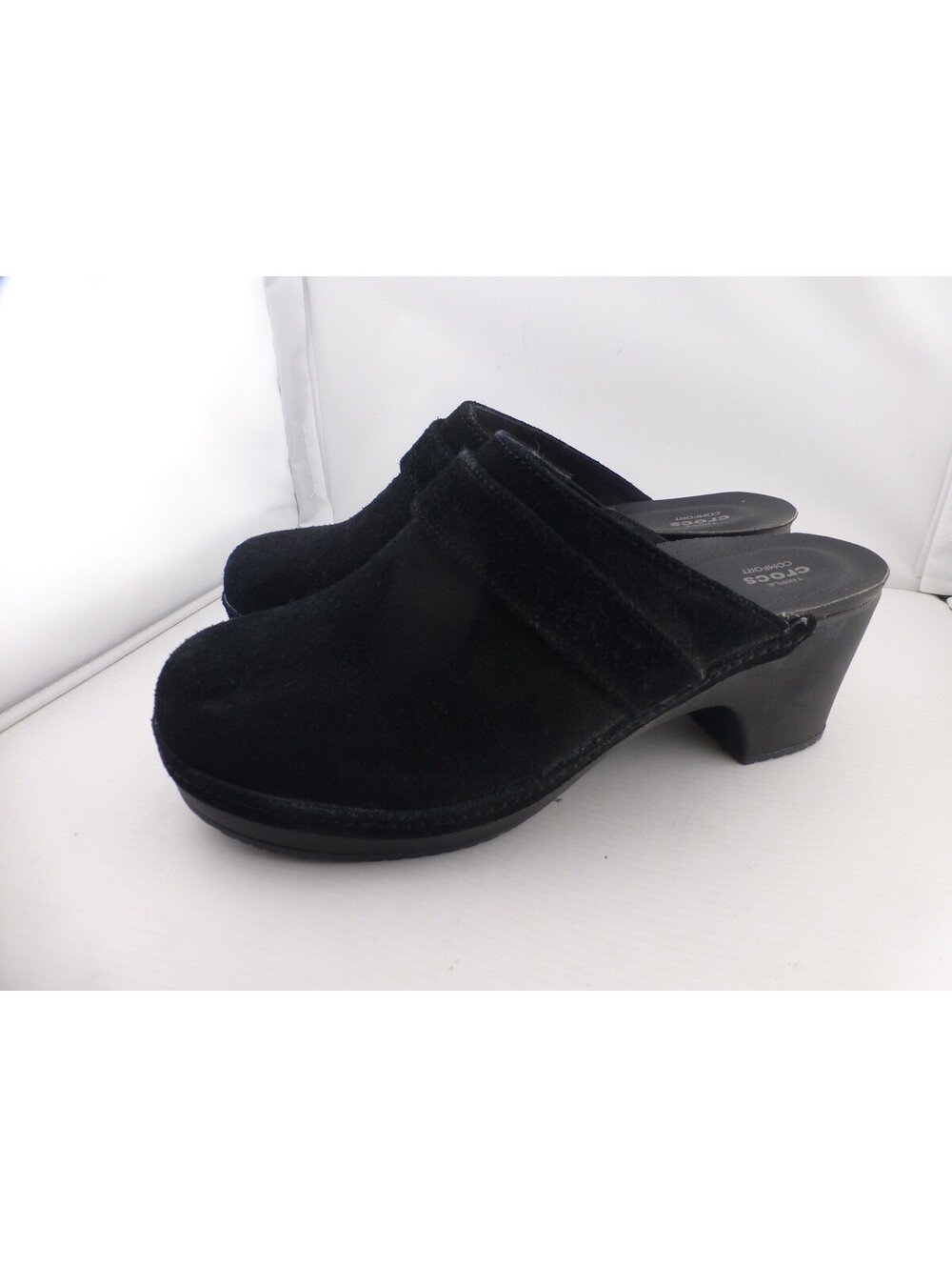 Crocs Triple Comfort Black Suede Clogs Women's Size 7 Slip On Block Heel M13